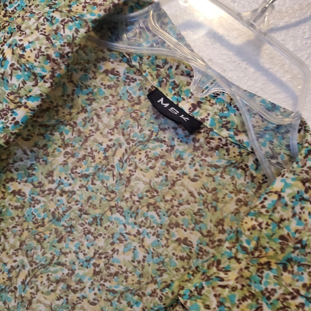 M.S.K. Floral Wrap V-Neck Midi Dress Green Teal Short Sleeve Ruffle Hem Womens - Picture 4 of 14